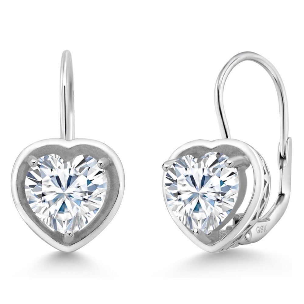 925 Sterling Silver with 2.60 Cttw 7MM Moissanite Heart Leverback Drop Earrings